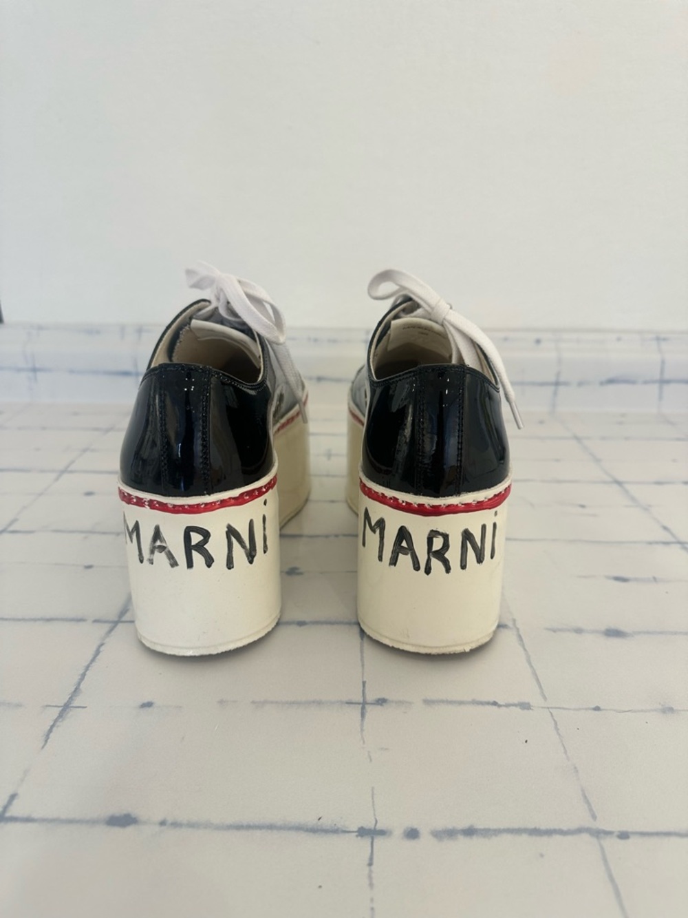 Marni Platform Lace-Up Sneakers in Black and White with Red Stripe - Picture 3 of 5